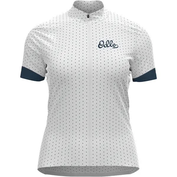 FietstruiODLOESSENTIAL ODLO PRINT STAND-UP COLLAR S/S FZ W WHITE - BLUE WING TEAL Dagaanbieding