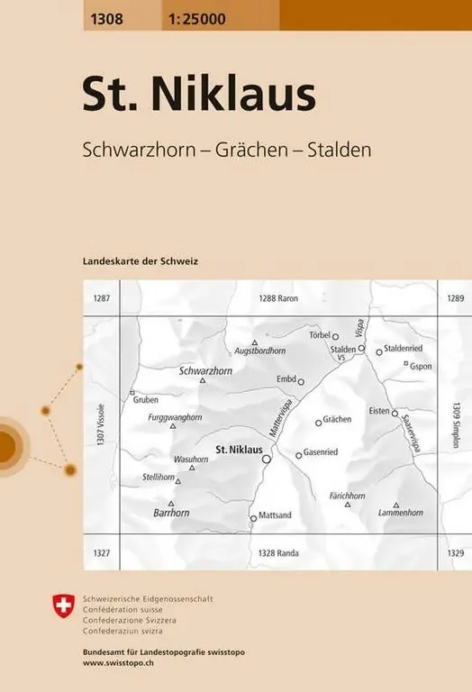 Gecertificeerd BUNDESAMT - SWISSTOPO TOPOGRAFISCHE KAART 1308 ST-NIKLAUS (9783302013084) SCHWARZHORN - GRÄCHEN - STALDEN