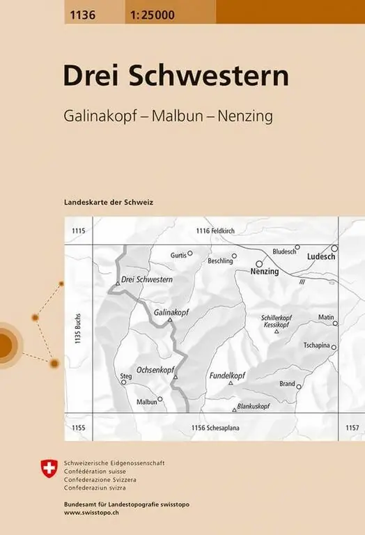 BUNDESAMT - SWISSTOPO TOPOGRAFISCHE KAART 1136 DREI SCHWESTERN (9783302011363) Uitverkoop